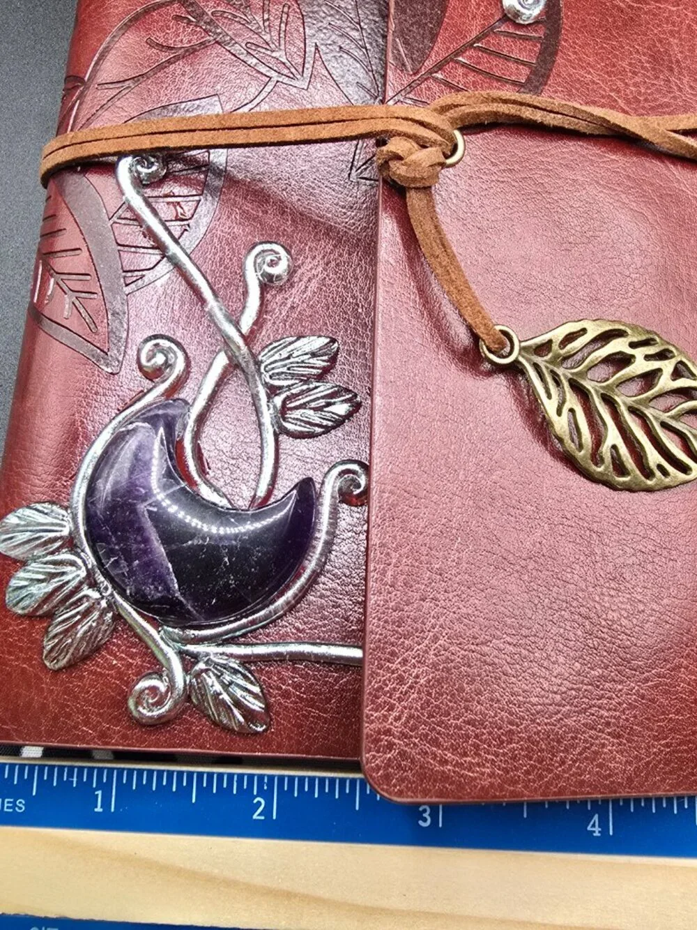 Brown Faux Leather Journal | Amethyst Crescent Moon & Labradorite Heart